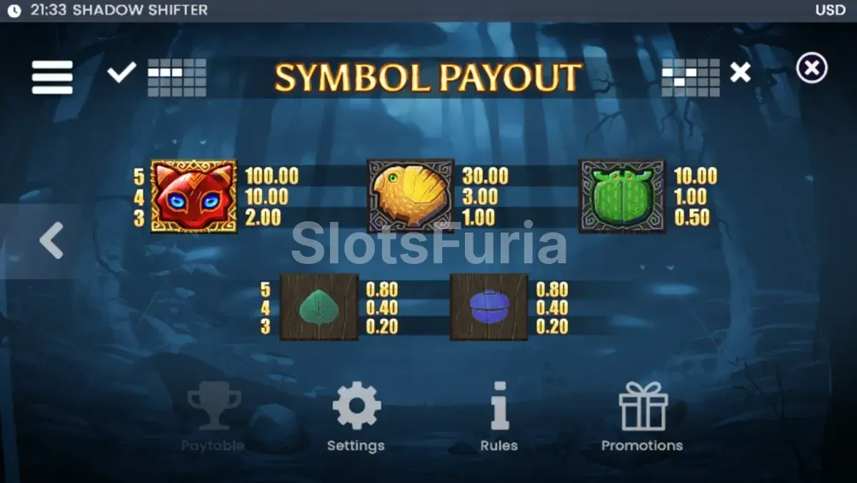 Tabla de pagos de Shadow Shifter mostrando símbolos y valores