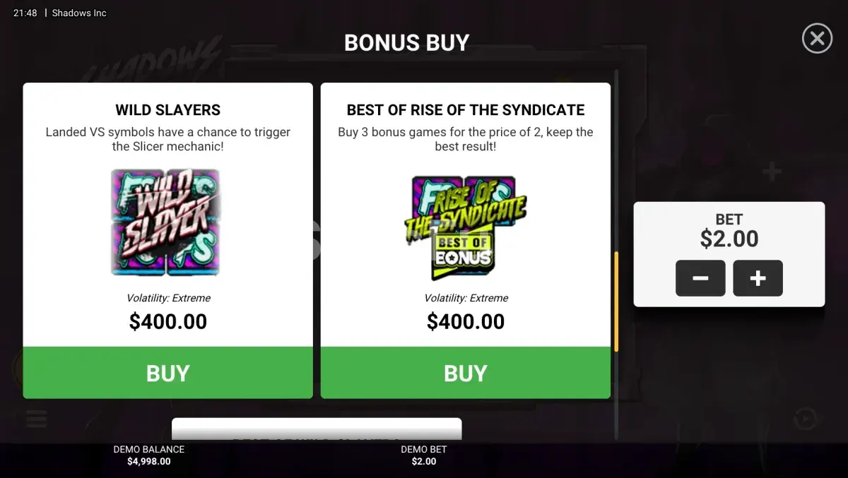 Panel de compra de bonus en Shadows Inc