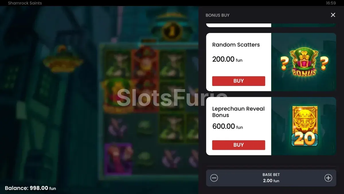 Menú de compra de bonus disponible en Shamrock Saints