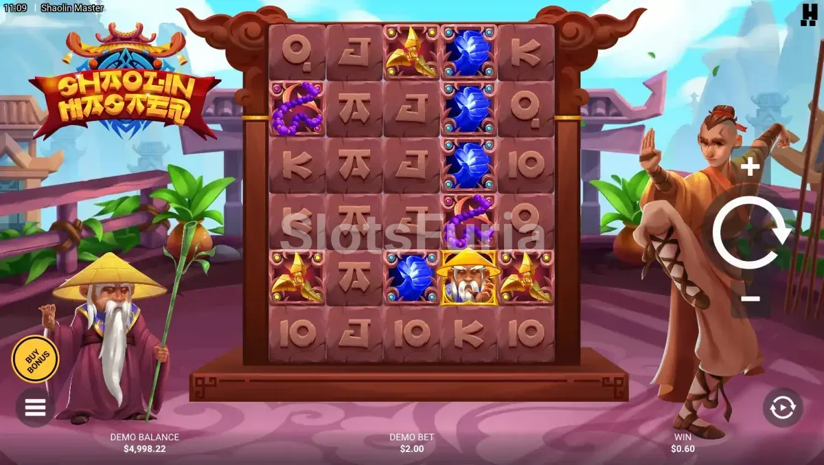 Pantalla principal del juego Shaolin Master con sus 5 rodillos y 6 filas