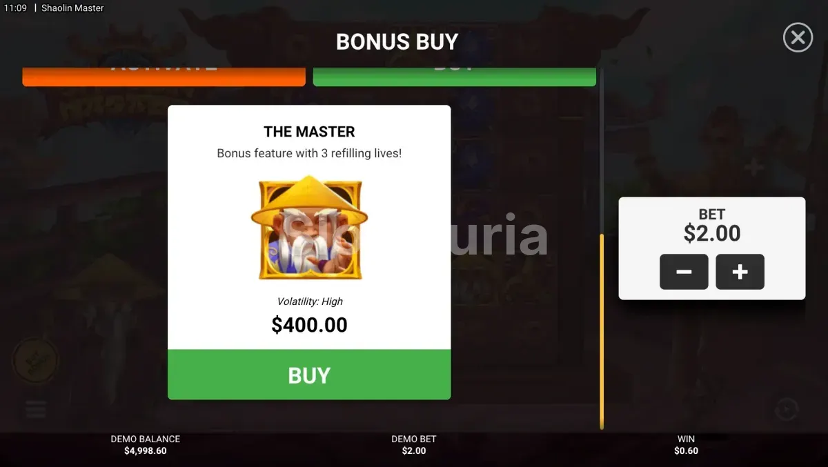 Opciones de compra de bonus disponibles en Shaolin Master de Hacksaw Gaming