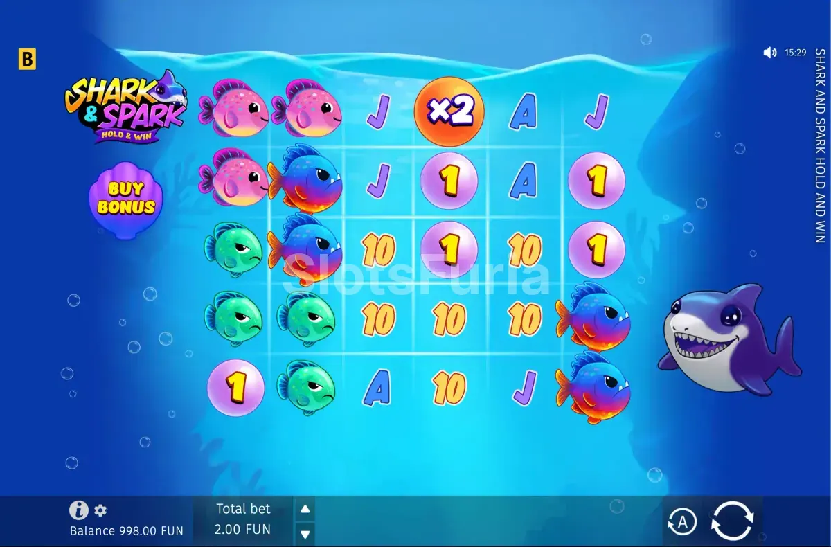 Pantalla principal de Shark & Spark con la cuadrícula submarina de BGaming