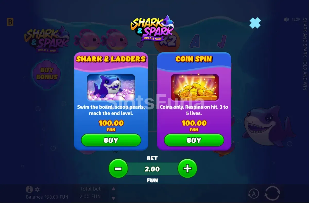 Pantalla de compra de bonos en Shark & Spark con opción de selección de feature