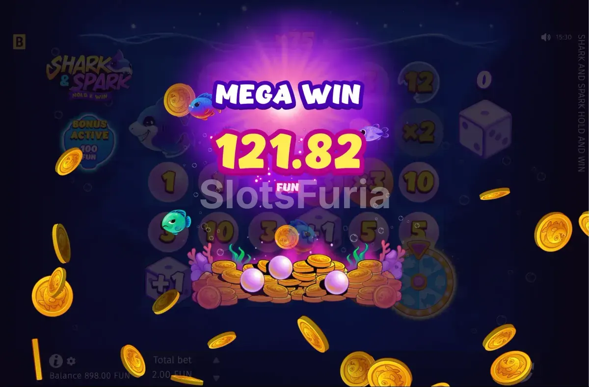 Gran victoria en Shark & Spark con acumulación de perlas y multiplicadores activos