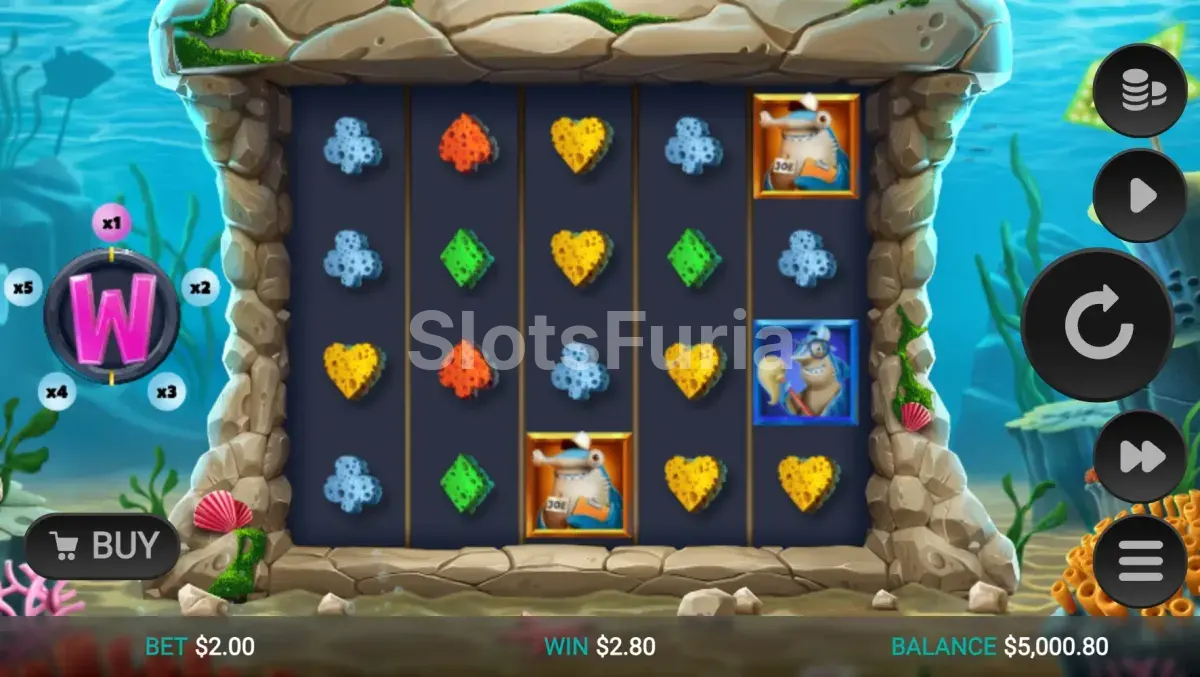 Pantalla principal del juego Shark Wash con los cinco carretes bajo el agua
