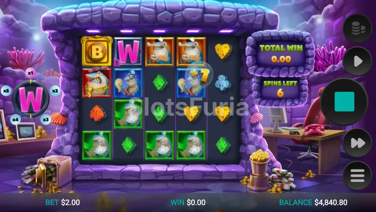 Ronda de giros gratis en Shark Wash con el multiplicador activo y persistente