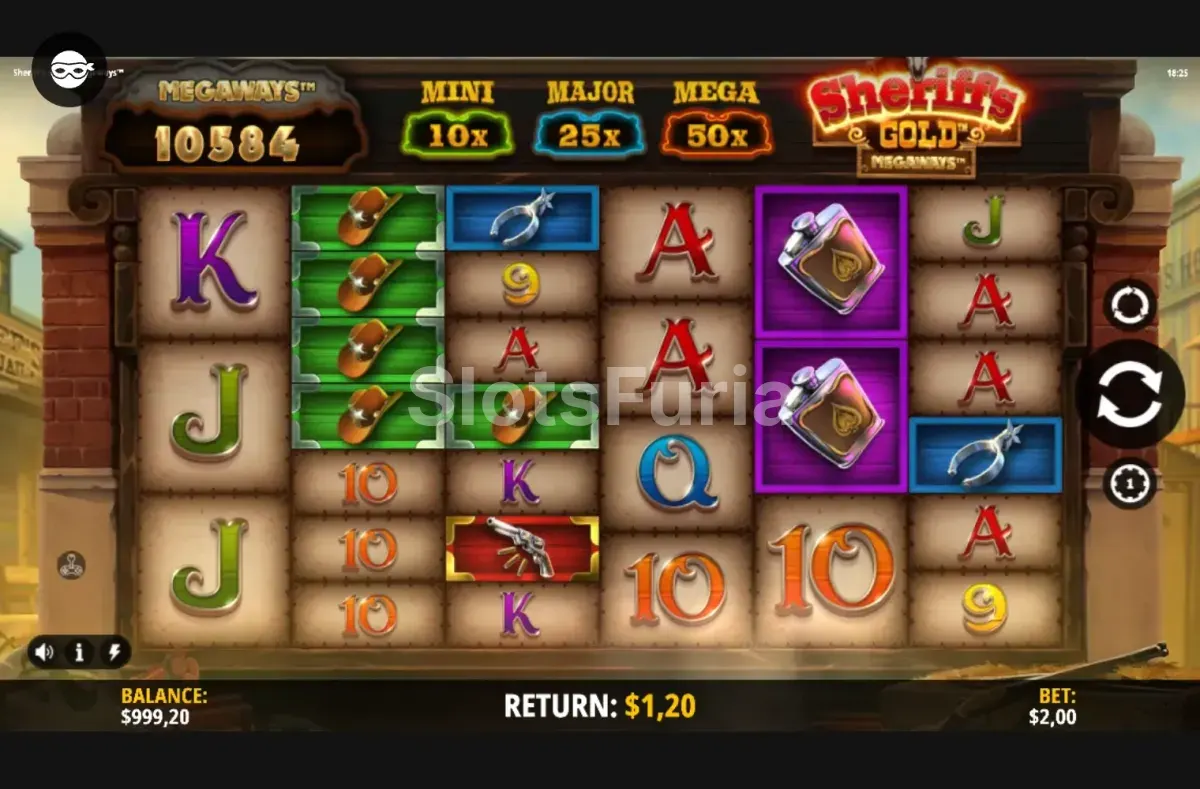 Pantalla principal de Sheriff's Gold Megaways con los 6 rodillos activos