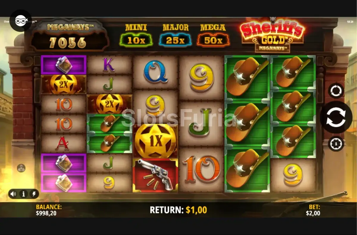 Segunda vista del juego base de Sheriff's Gold Megaways mostrando combinación ganadora