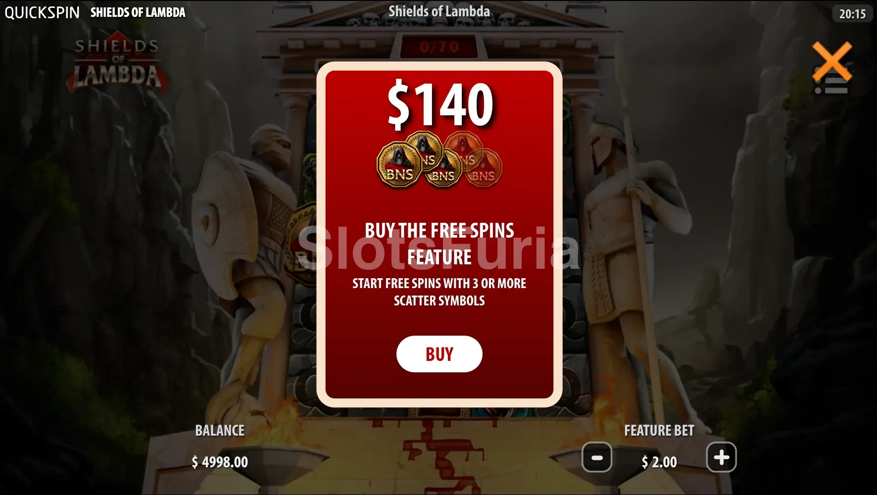 Pantalla de compra de bonus en Shields of Lambda