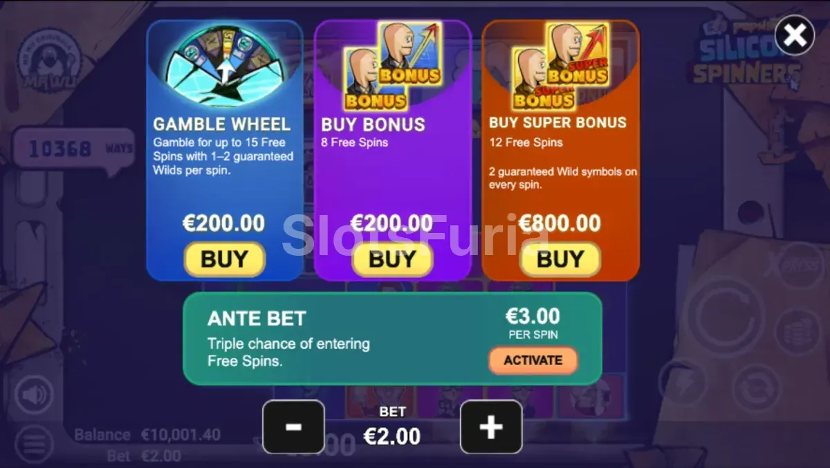Función de compra de bonus en Silicon Spinners