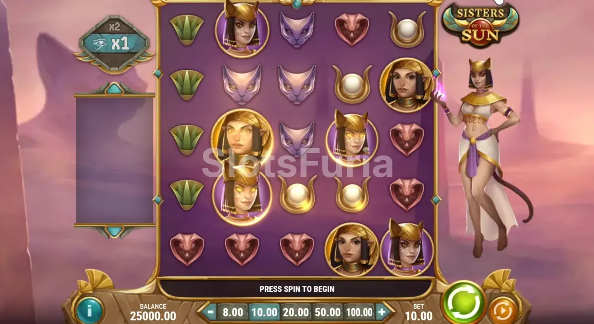 Juego base de Sisters of the Sun con cuadrícula 5x5 y símbolos egipcios