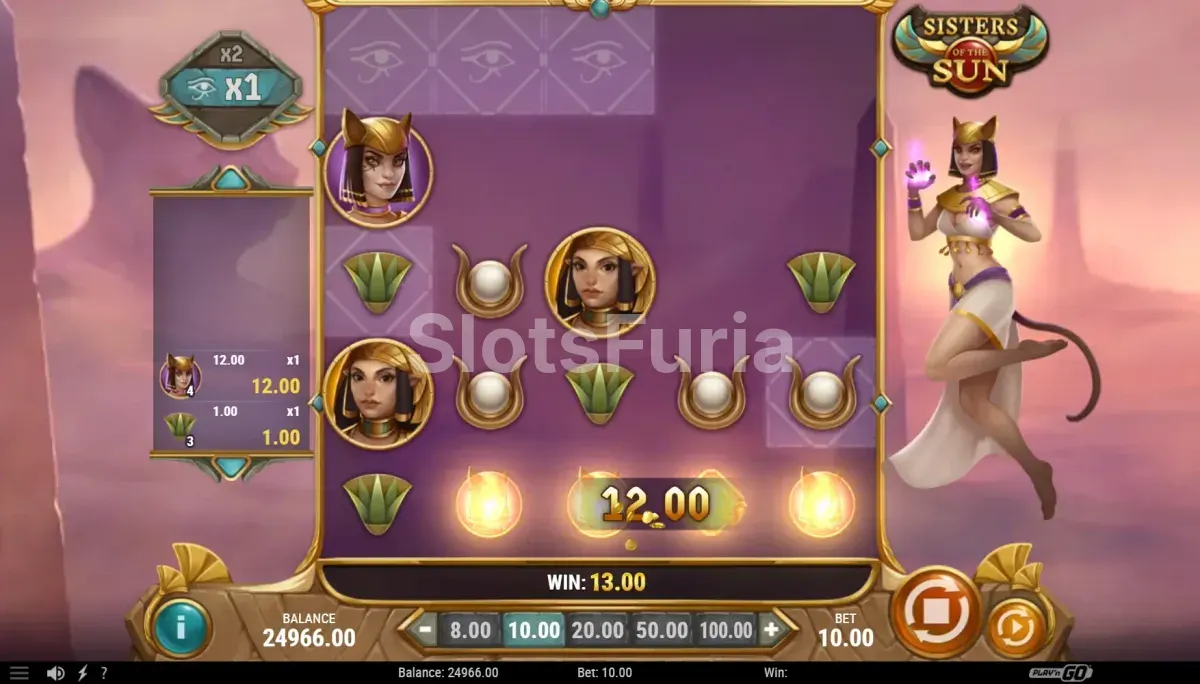 Resultado de giro en Sisters of the Sun con cascadas y multiplicadores activos