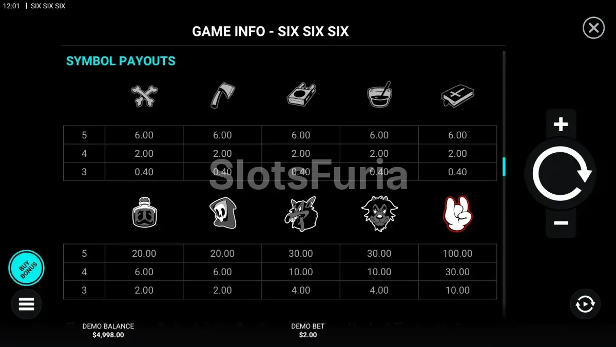 Tabla de pagos completa de la tragamonedas SixSixSix