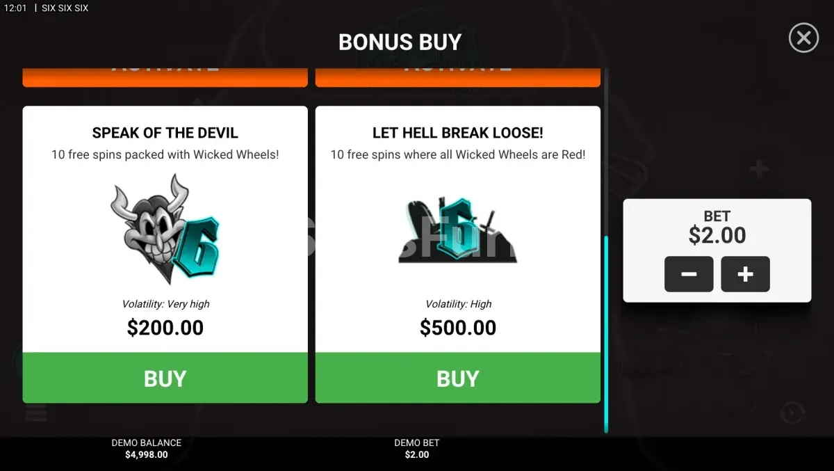 Opciones de compra de bonus disponibles en SixSixSix