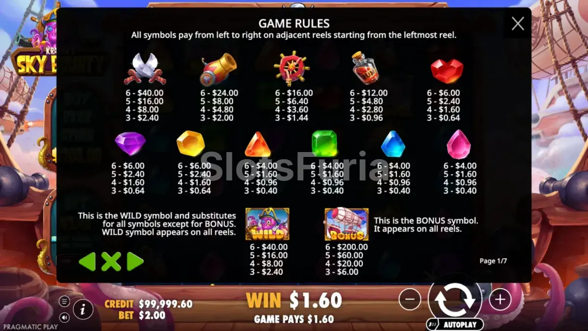 Tabla de pagos de Sky Bounty con gemas y símbolos piratas