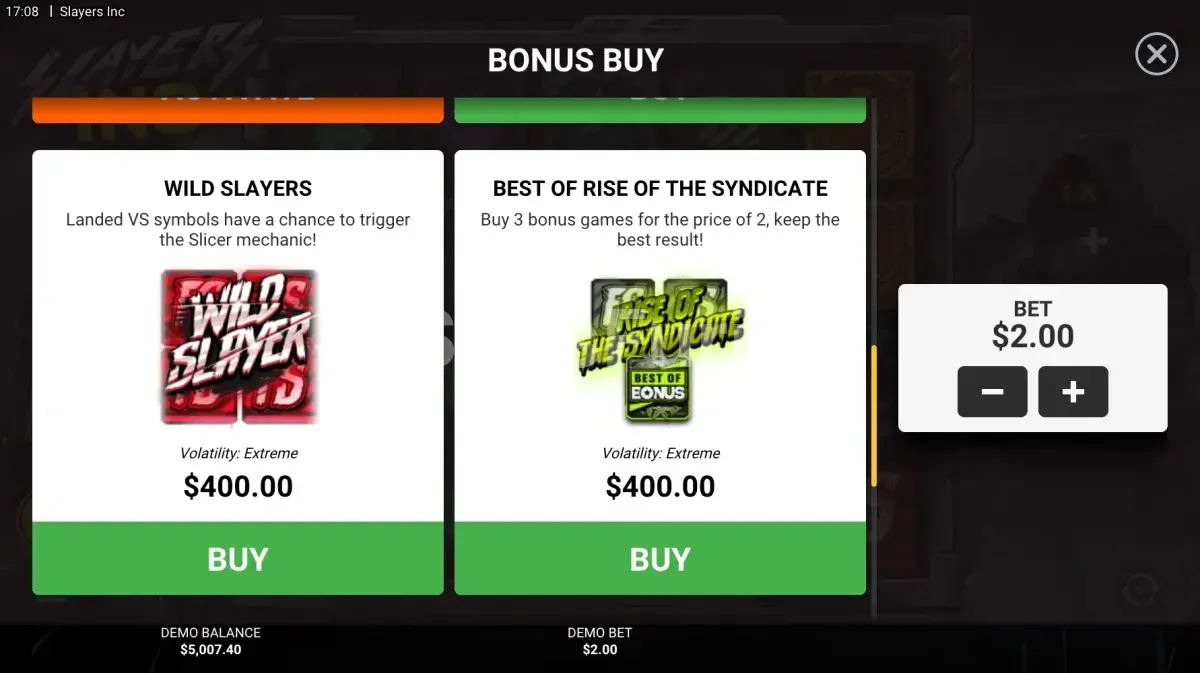 Pantalla de compra de bonos en Slayers Inc