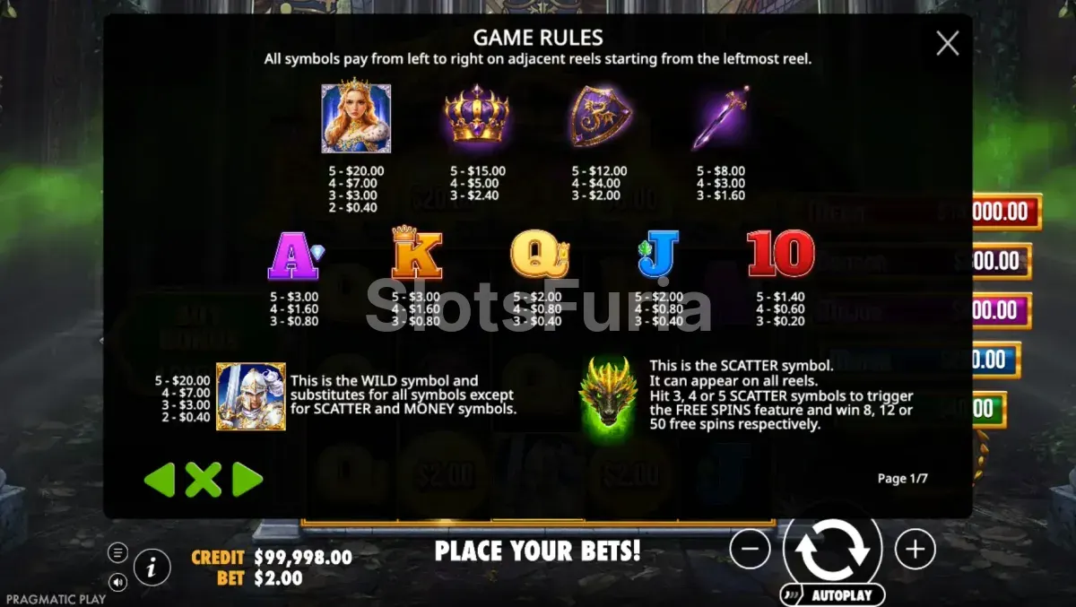 Tabla de pagos de Sleeping Dragon Ultra Dark con los premios por símbolo