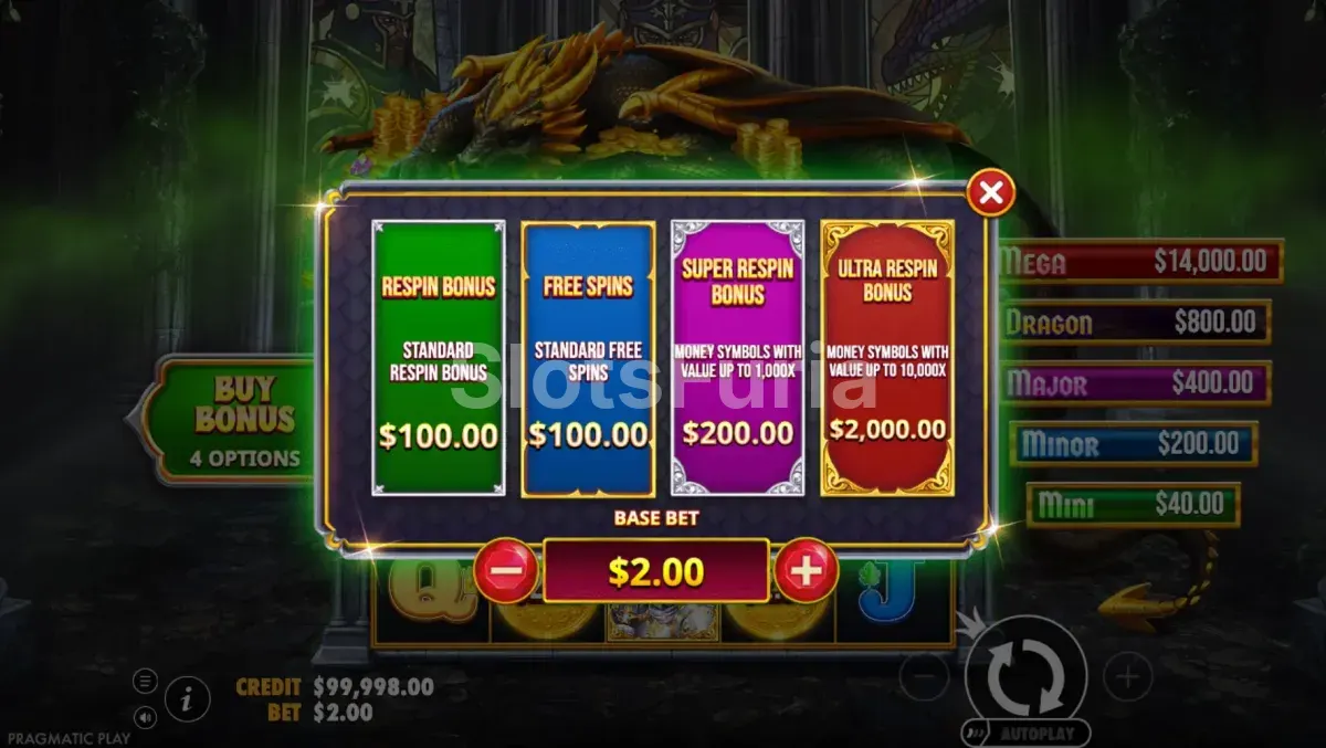 Menú de compra de bono de Sleeping Dragon Ultra Dark con sus cuatro opciones