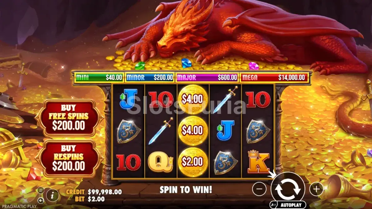 Pantalla principal del juego Sleeping Dragon con el dragón durmiendo sobre su tesoro