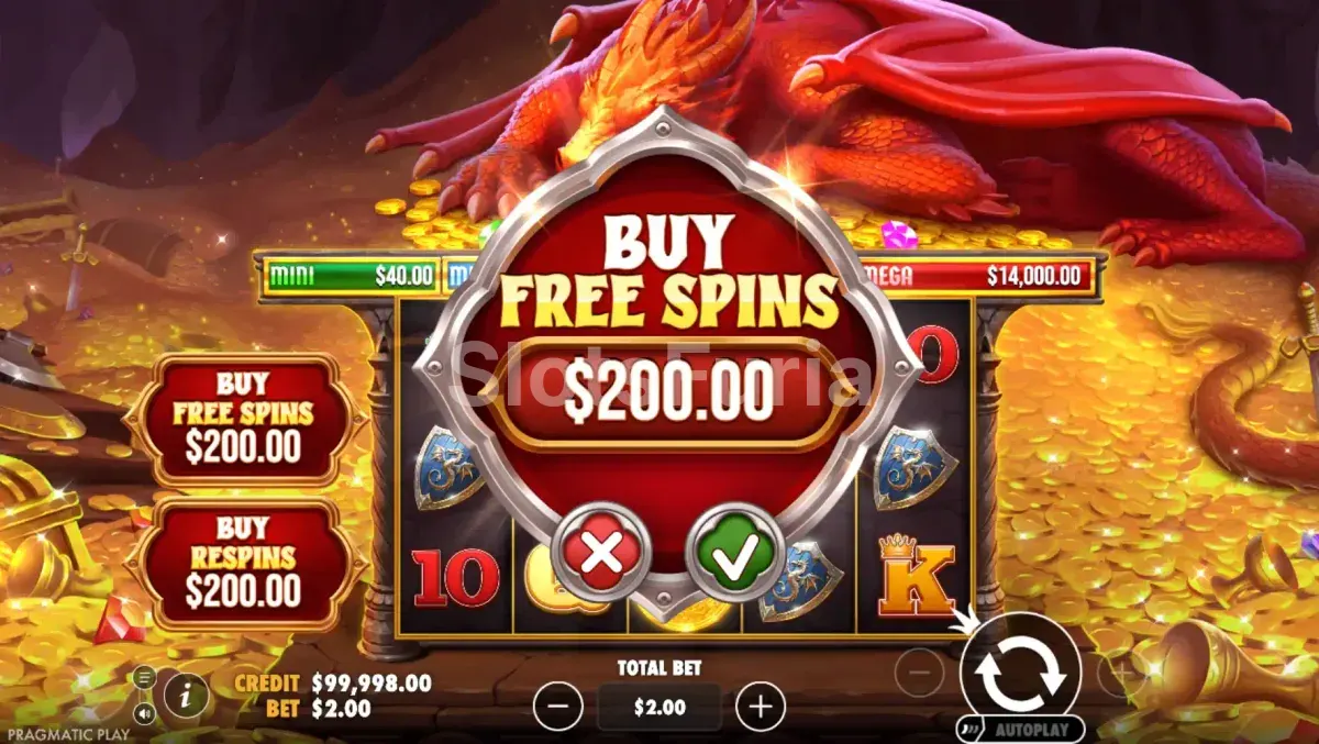 Pantalla de compra de bonus en Sleeping Dragon con opciones de Respin y giros gratis