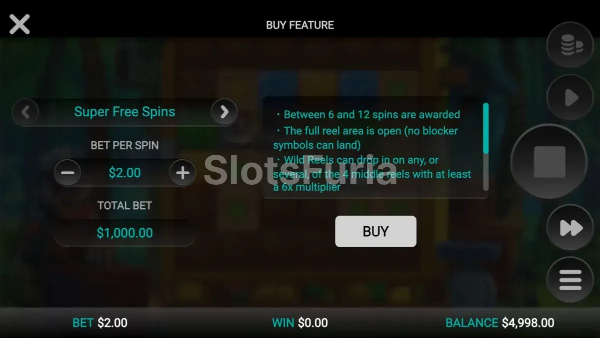 Pantalla de compra de bonus de Sloth Tumble con las dos opciones disponibles