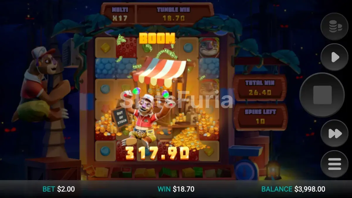 Gran victoria explosiva en Sloth Tumble con multiplicadores máximos
