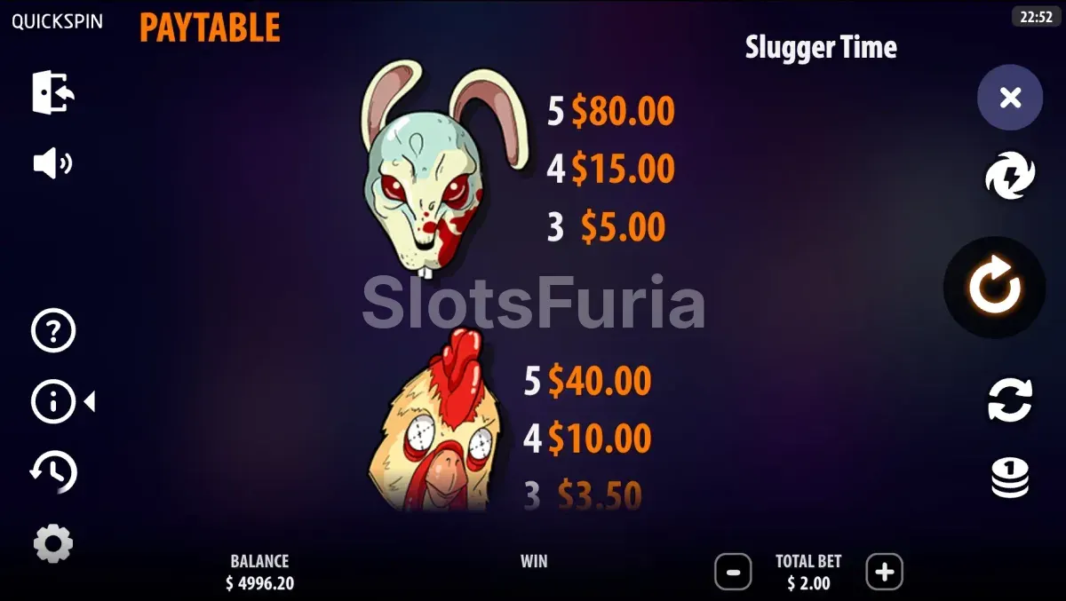 Tabla de pagos de Slugger Time con todos los símbolos y sus valores