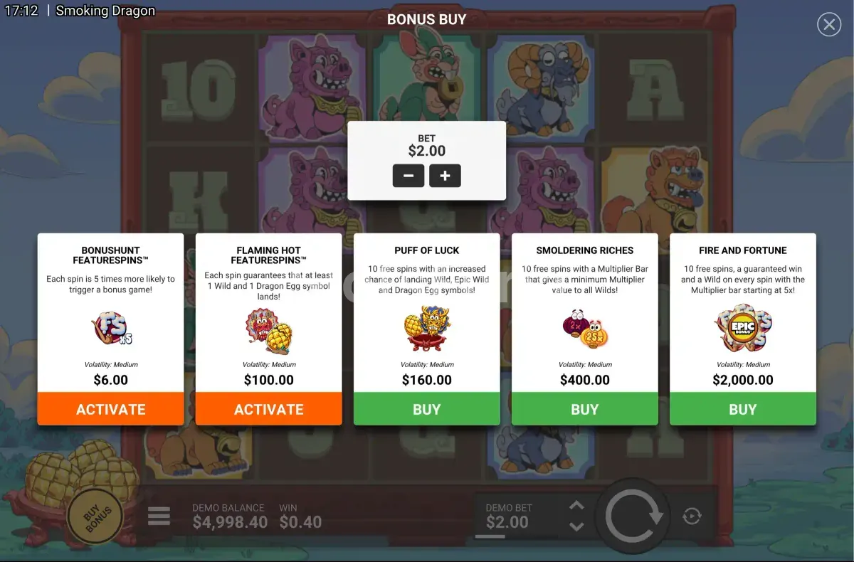 Pantalla de compra de bonus en Smoking Dragon