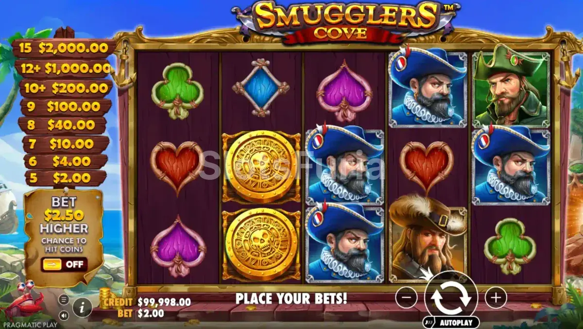 Pantalla principal de Smugglers Cove con piratas y cueva al fondo