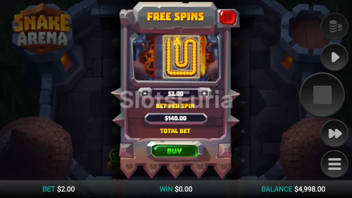 Pantalla de compra de bonus en Snake Arena por 70x la apuesta