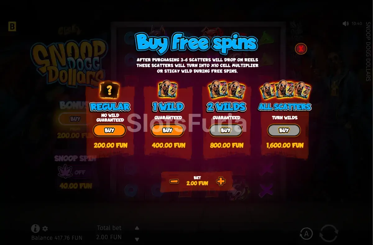Pantalla de compra de bonus en Snoop Dogg Dollars con las opciones disponibles
