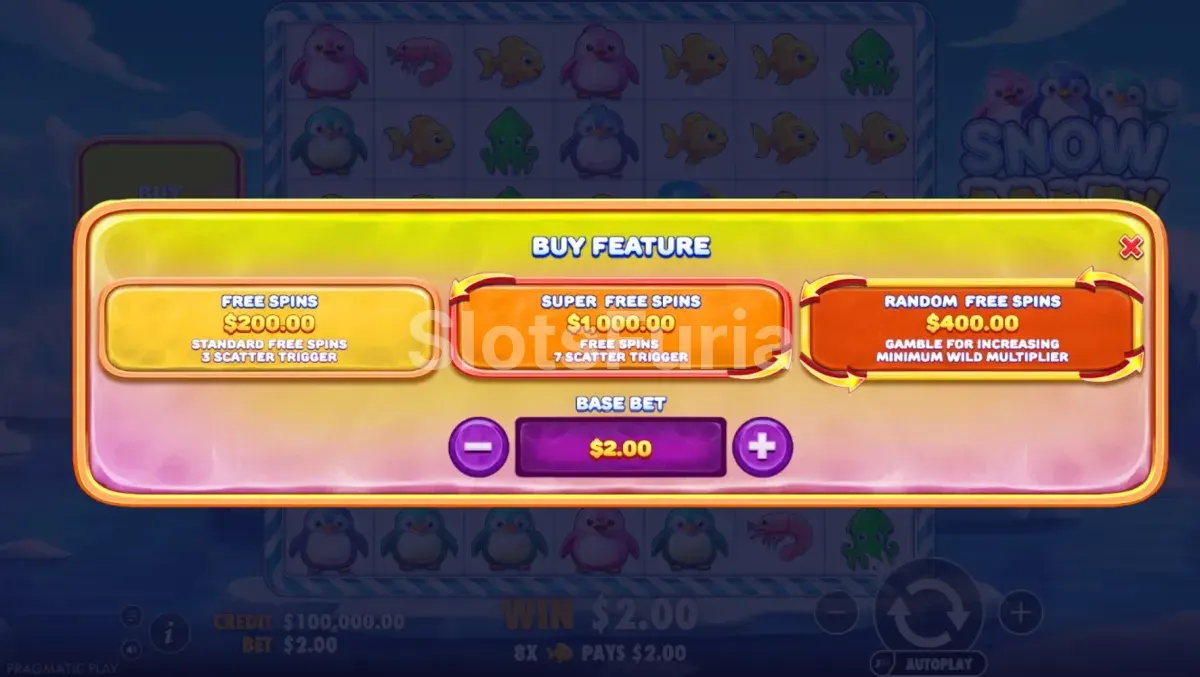 Menú de compra de bonus de Snow Party con las opciones disponibles