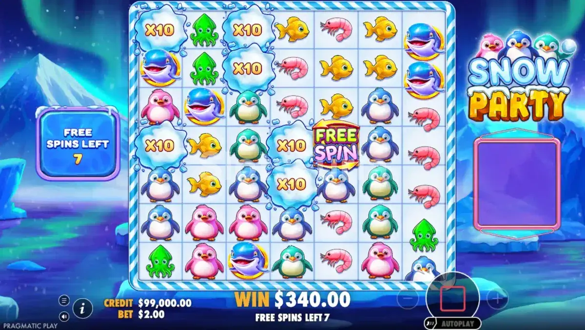 Ronda de giros gratis activada en Snow Party con multiplicadores en pantalla