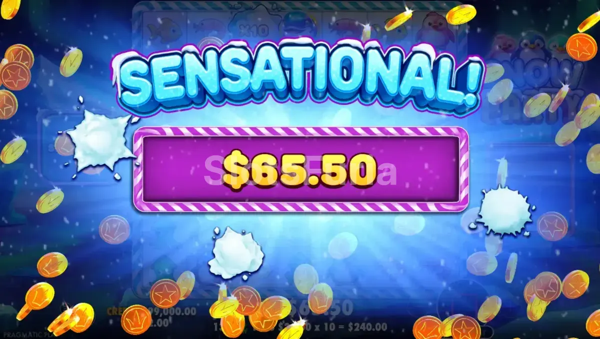 Pantalla de gran victoria en Snow Party con el multiplicador al máximo