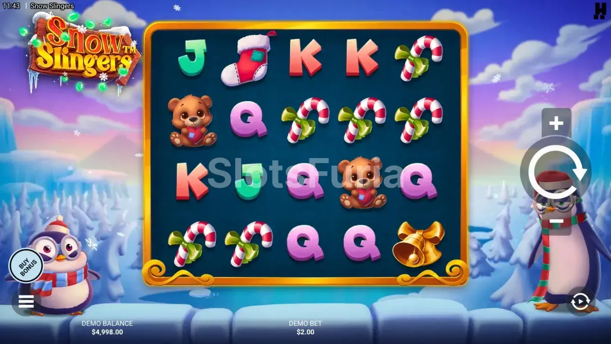 Pantalla principal del juego base Snow Slingers con los pingüinos Ruth y Rupert