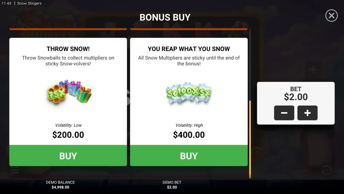 Menú de compra de bonos de Snow Slingers con todas las opciones disponibles