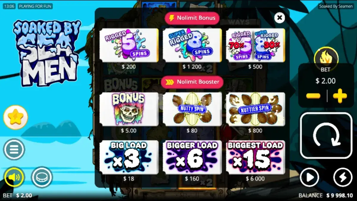 Menú de compra de bonos de Soaked by Seamen con todas las opciones disponibles
