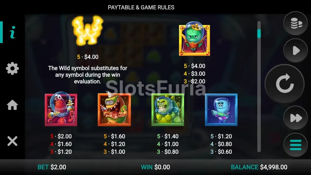 Tabla de pagos de Space Attacks Dream Drop con los símbolos alienígenas y sus valores