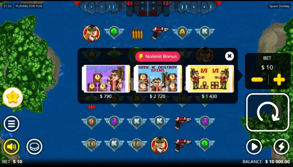 Pantalla de compra de bonus en Space Donkey con sus opciones disponibles