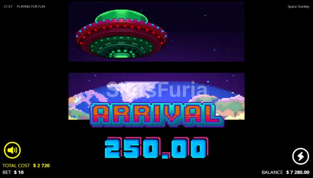 Gran victoria en Space Donkey con la pantalla de celebración y el multiplicador final