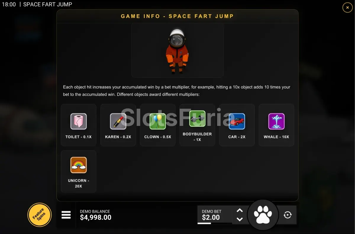 Tabla de pagos y símbolos de Space Fart Jump