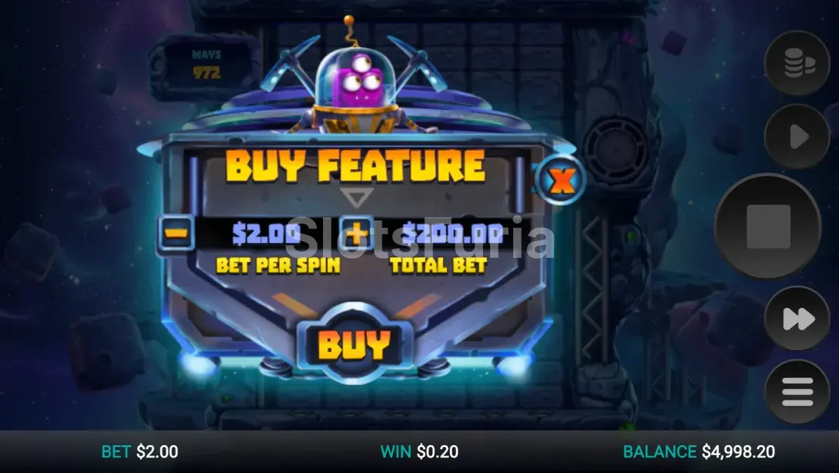 Pantalla de compra de bonus en Space Miners de Relax Gaming