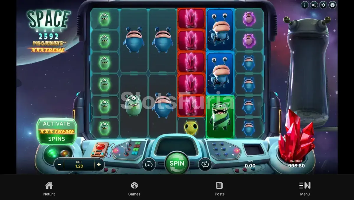 Pantalla principal del juego Space Wars XXXtreme Megaways con alienígenas en los rodillos