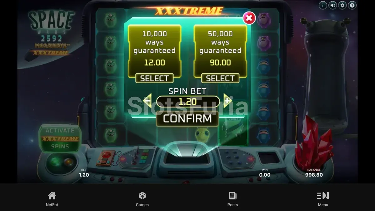 Pantalla de compra de bonus en Space Wars XXXtreme Megaways con opciones XXXtreme