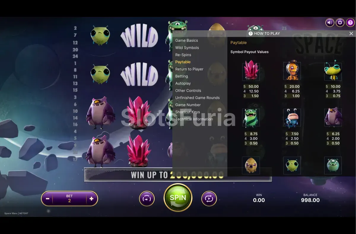 Tabla de pagos de Space Wars con todos los símbolos alienígenas y sus valores