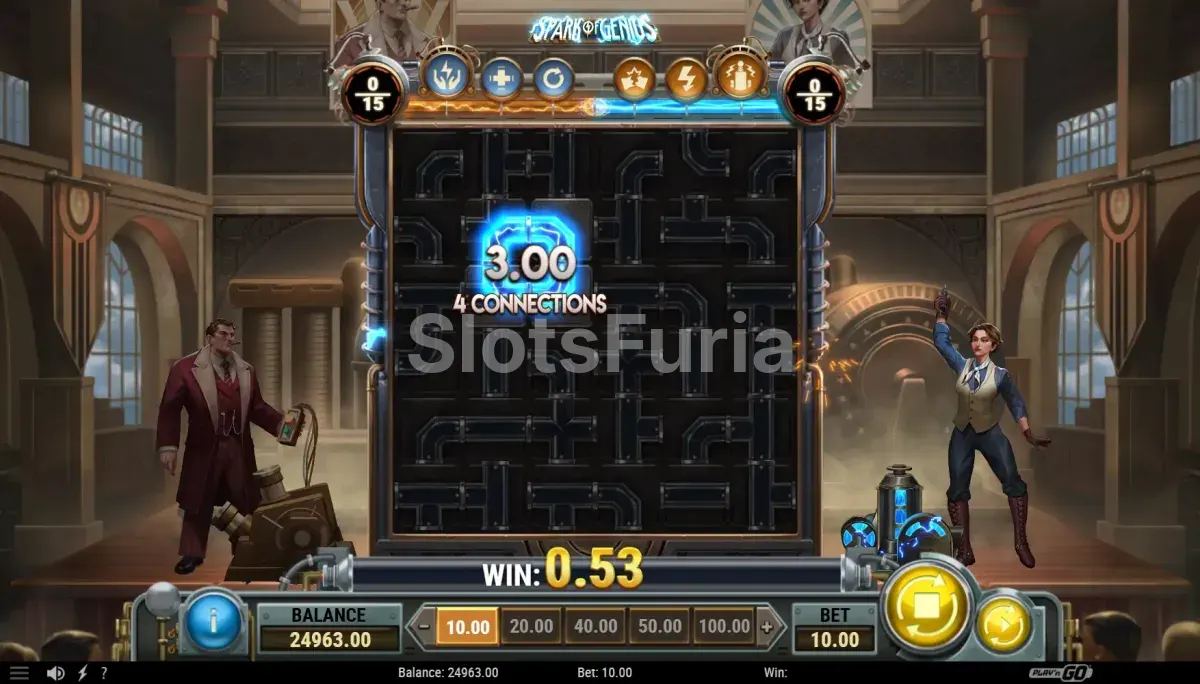 Resultado de giro en Spark of Genius mostrando un circuito ganador iluminado