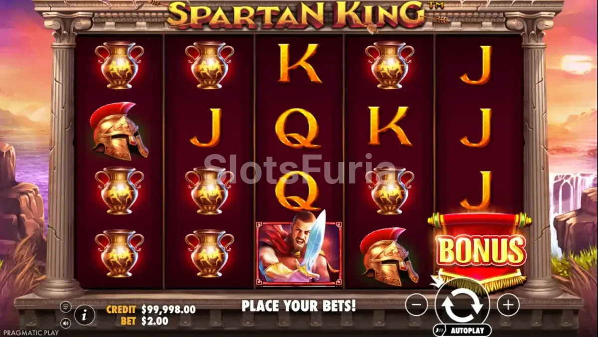 Pantalla principal de Spartan King con el tablero de 5x4 rodillos