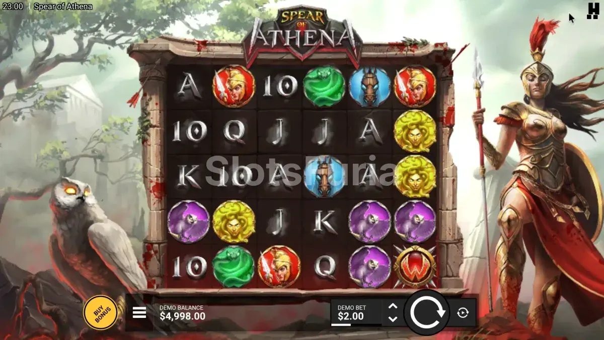 Pantalla principal del juego Spear of Athena con los seis rodillos activos