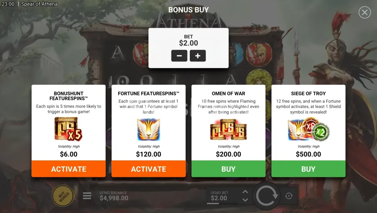 Menú de compra de bonos de Spear of Athena con opciones disponibles