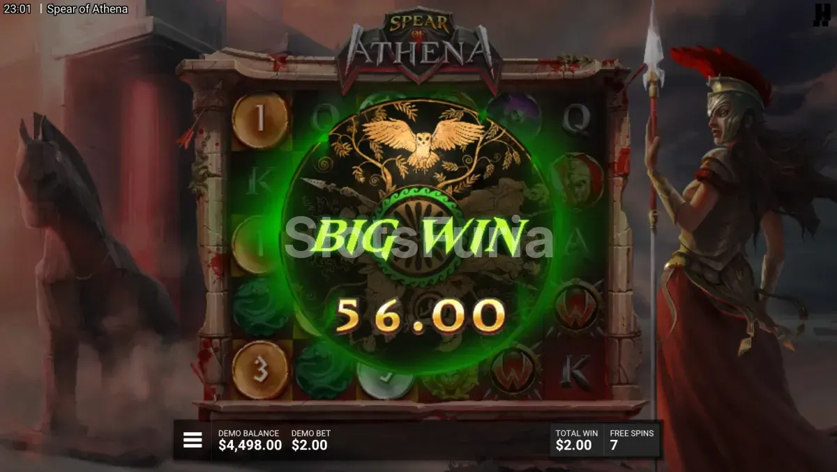 Pantalla de gran victoria en Spear of Athena con multiplicadores activos